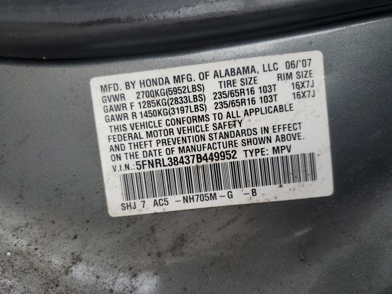 2007 Honda Odyssey Ex VIN: 5FNRL38437B449952 Lot: 64841885