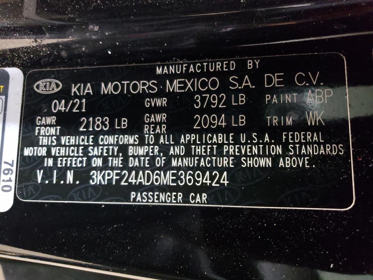 3KPF24AD6ME369424 2021 Kia Forte Fe