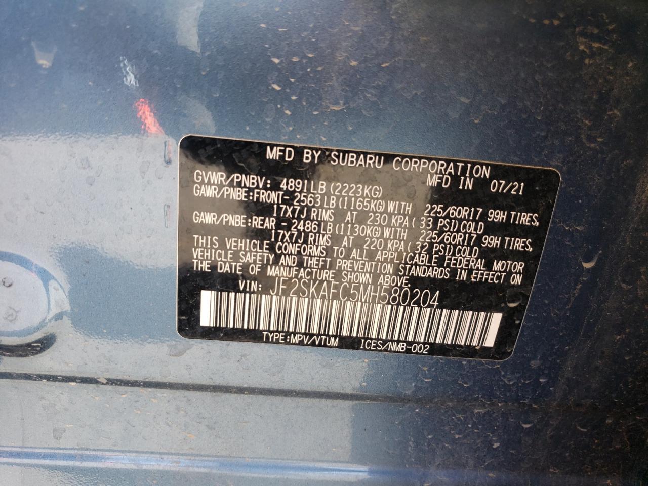 2021 Subaru Forester Premium VIN: JF2SKAFC5MH580204 Lot: 62966735