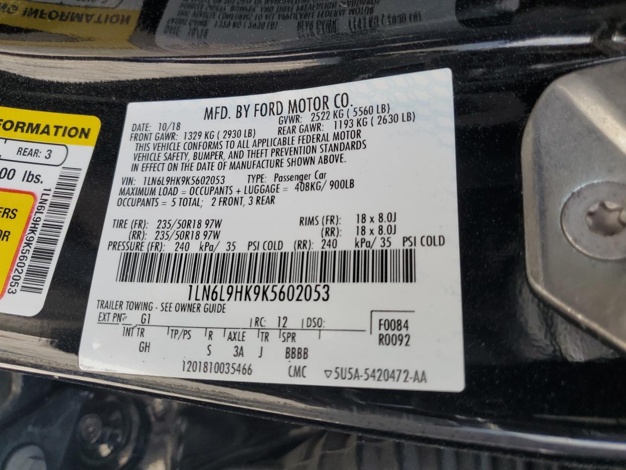 2019 Lincoln Continental VIN: 1LN6L9HK9K5602053 Lot: 65360165