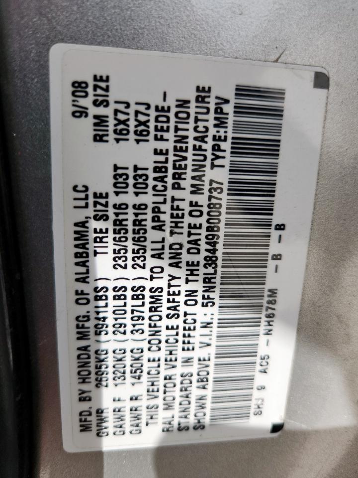 2009 Honda Odyssey Ex VIN: 5FNRL38449B008737 Lot: 63242955