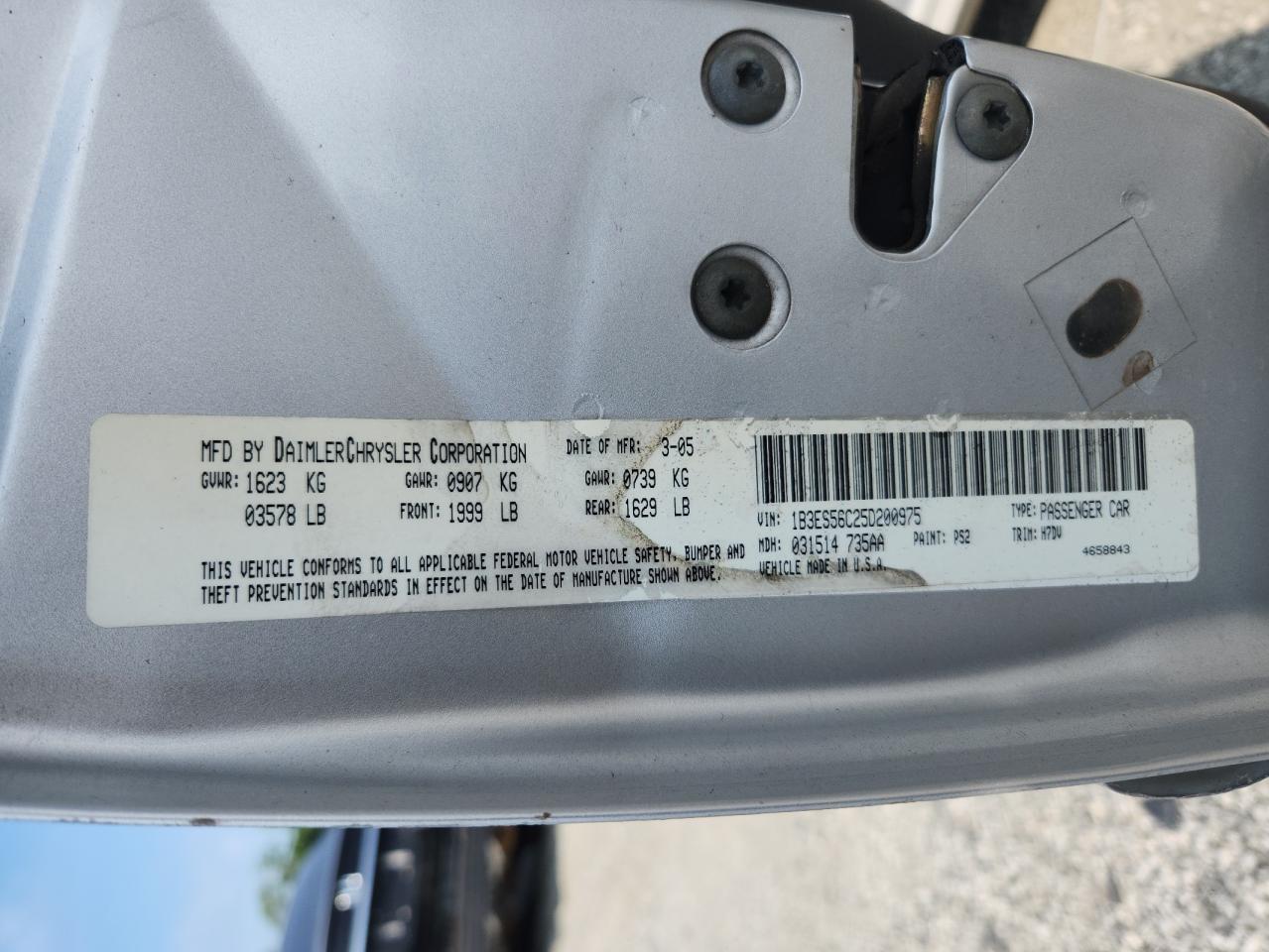 2005 Dodge Neon Sxt VIN: 1B3ES56C25D200975 Lot: 63220495