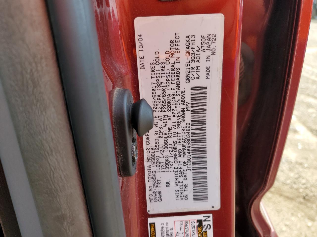 2005 Toyota 4Runner Sr5 VIN: JTEBU14R458034829 Lot: 63558245