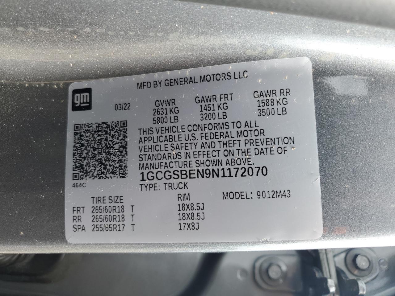 2022 Chevrolet Colorado VIN: 1GCGSBEN9N1172070 Lot: 64903605