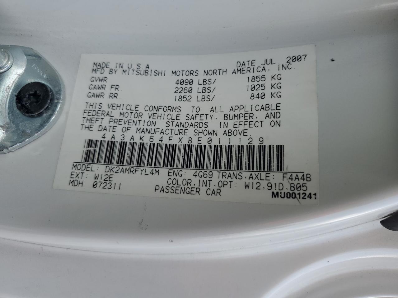 2008 Mitsubishi Eclipse Se VIN: 4A3AK64FX8E011129 Lot: 65004185