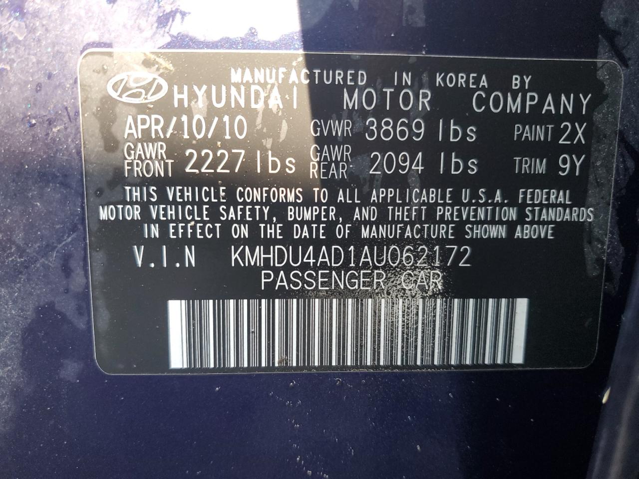 2010 Hyundai Elantra Blue VIN: KMHDU4AD1AU062172 Lot: 65177465