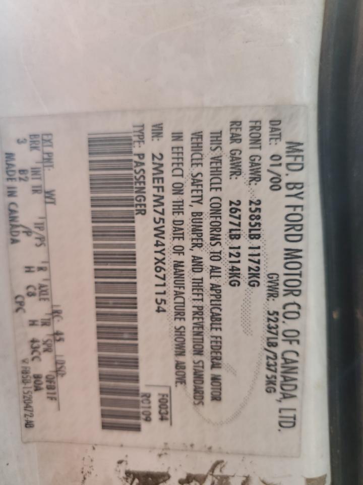 2000 Mercury Grand Marquis Ls VIN: 2MEFM75W4YX671154 Lot: 84365595