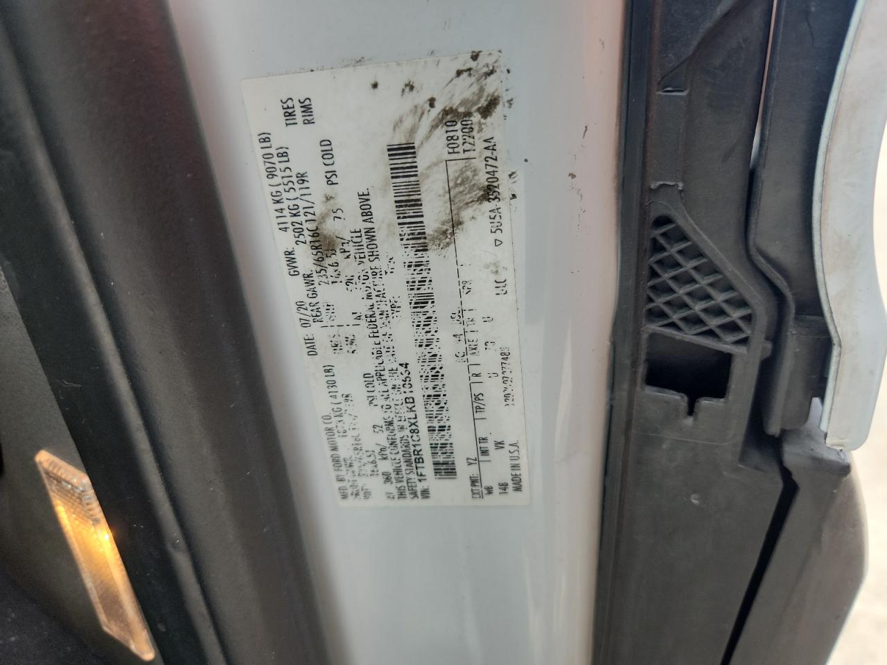 2020 Ford Transit T-250 VIN: 1FTBR1C8XLKB10634 Lot: 66286855