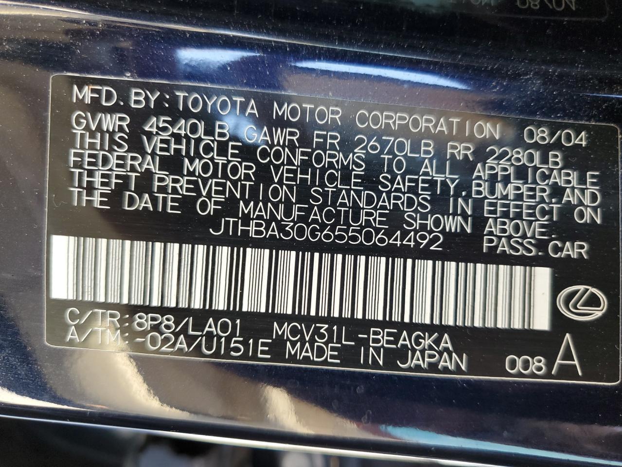 2005 Lexus Es 330 VIN: JTHBA30G655064492 Lot: 63629485
