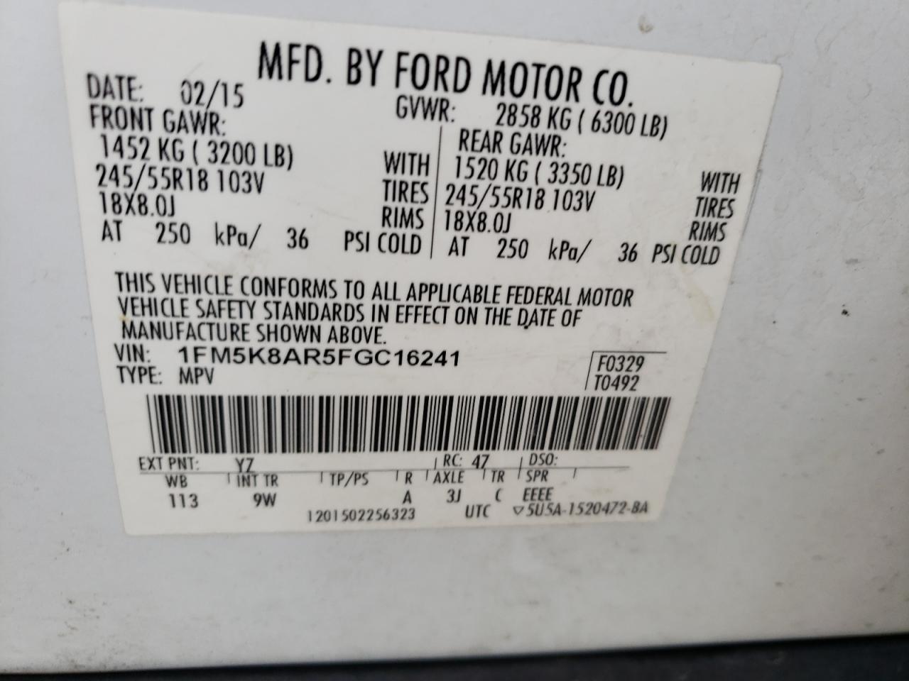 2015 Ford Explorer Police Interceptor VIN: 1FM5K8AR5FGC16241 Lot: 64787255