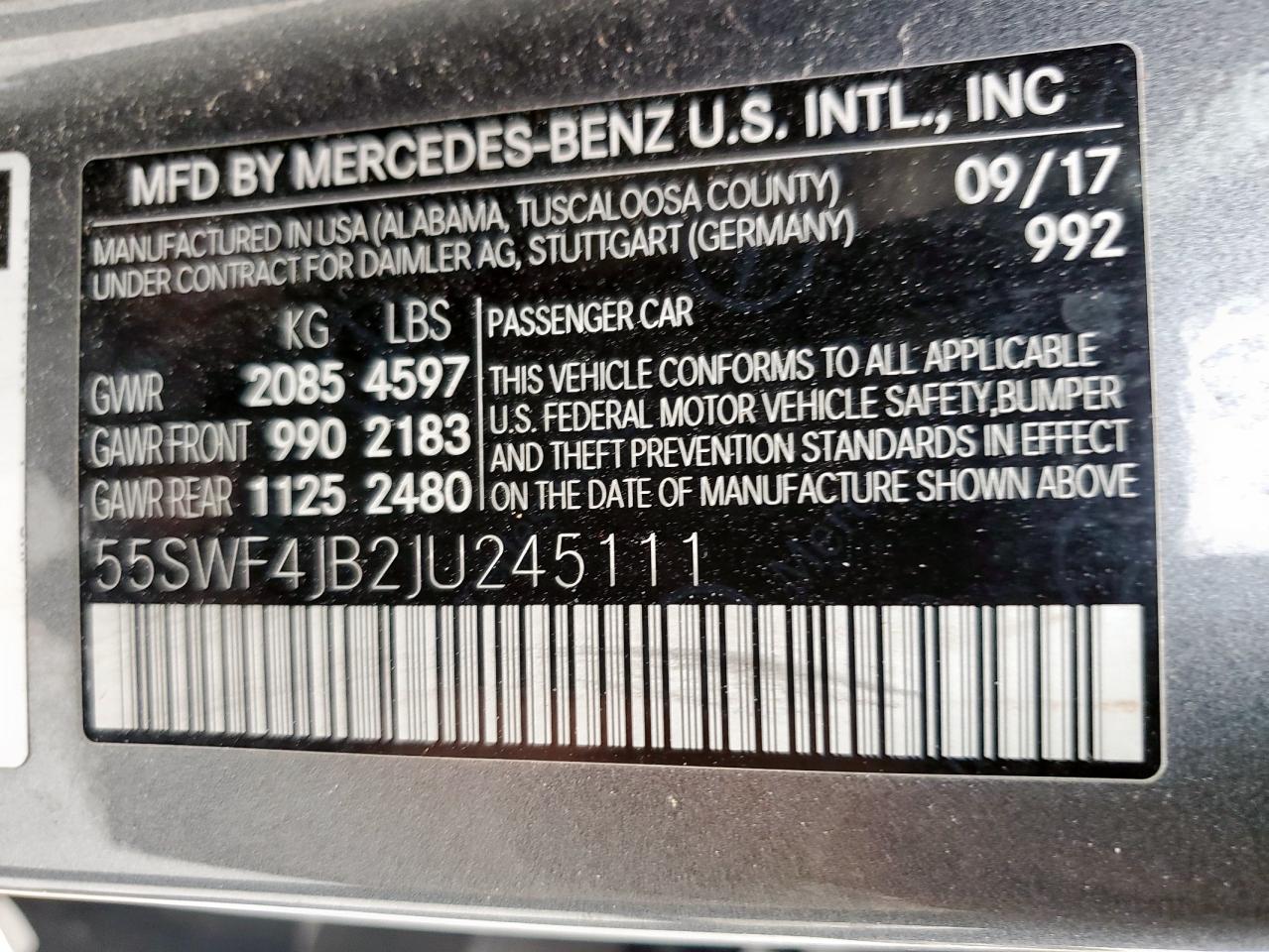 2018 Mercedes-Benz C 300 VIN: 55SWF4JB2JU245111 Lot: 62514705