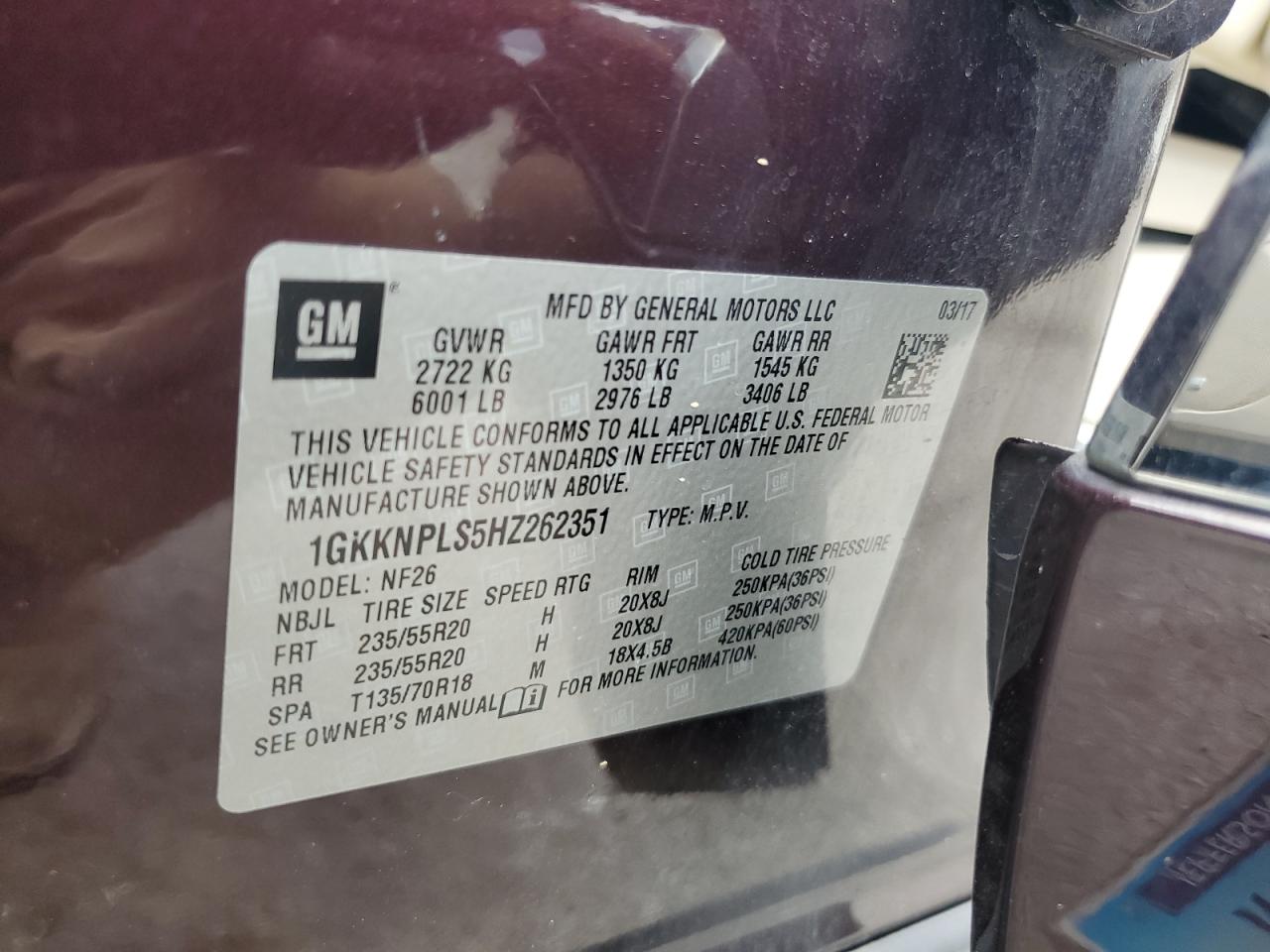 2017 GMC Acadia Denali VIN: 1GKKNPLS5HZ262351 Lot: 63987285