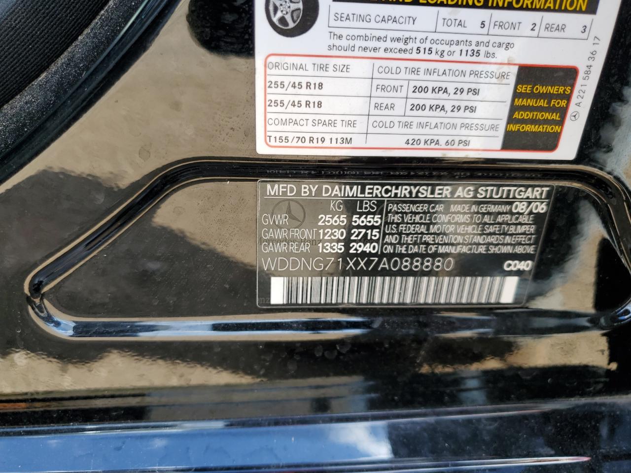 2007 Mercedes-Benz S 550 VIN: WDDNG71XX7A088880 Lot: 63683965