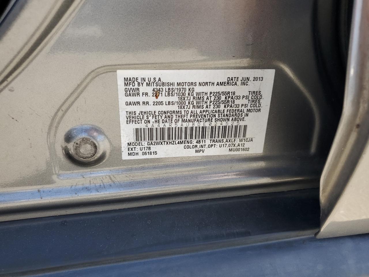 2013 Mitsubishi Outlander Sport Le VIN: 4A4AR5AU8DE024525 Lot: 65474335