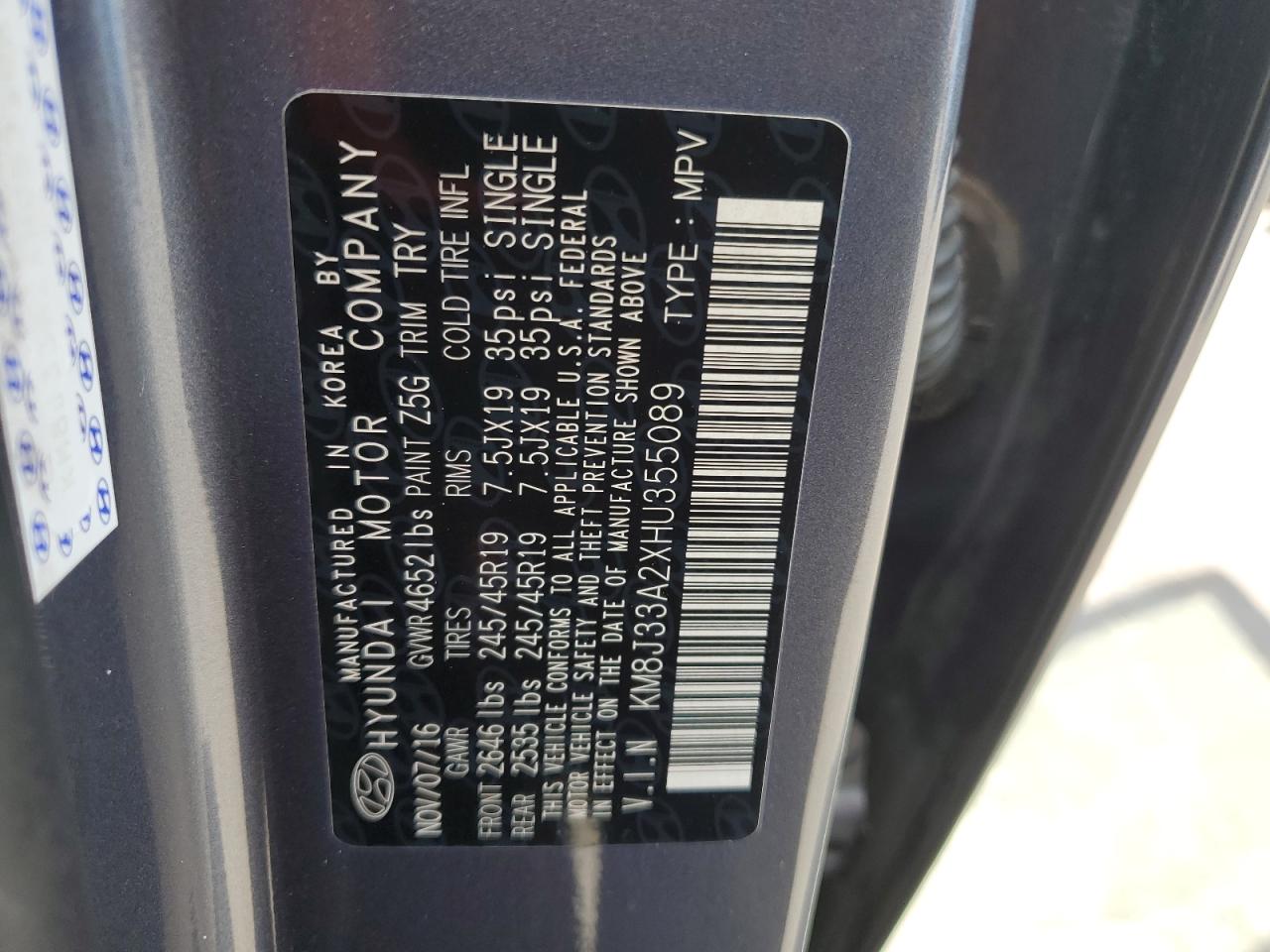 2017 Hyundai Tucson Limited VIN: KM8J33A2XHU355089 Lot: 64473555