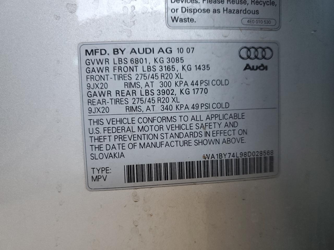 2008 Audi Q7 3.6 Quattro Premium VIN: WA1BY74L98D028568 Lot: 64228235