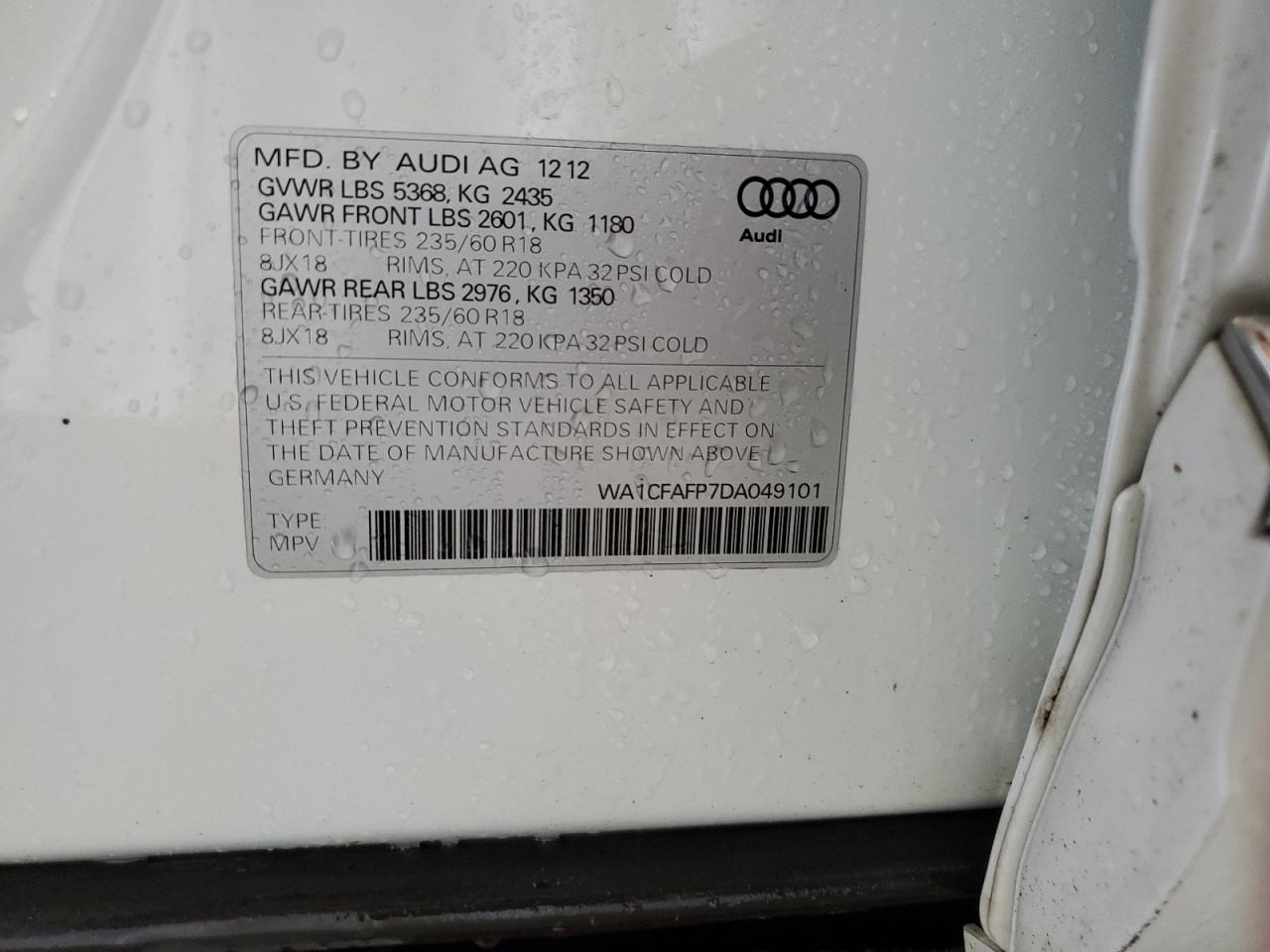 2013 Audi Q5 Premium VIN: WA1CFAFP7DA049101 Lot: 64760395