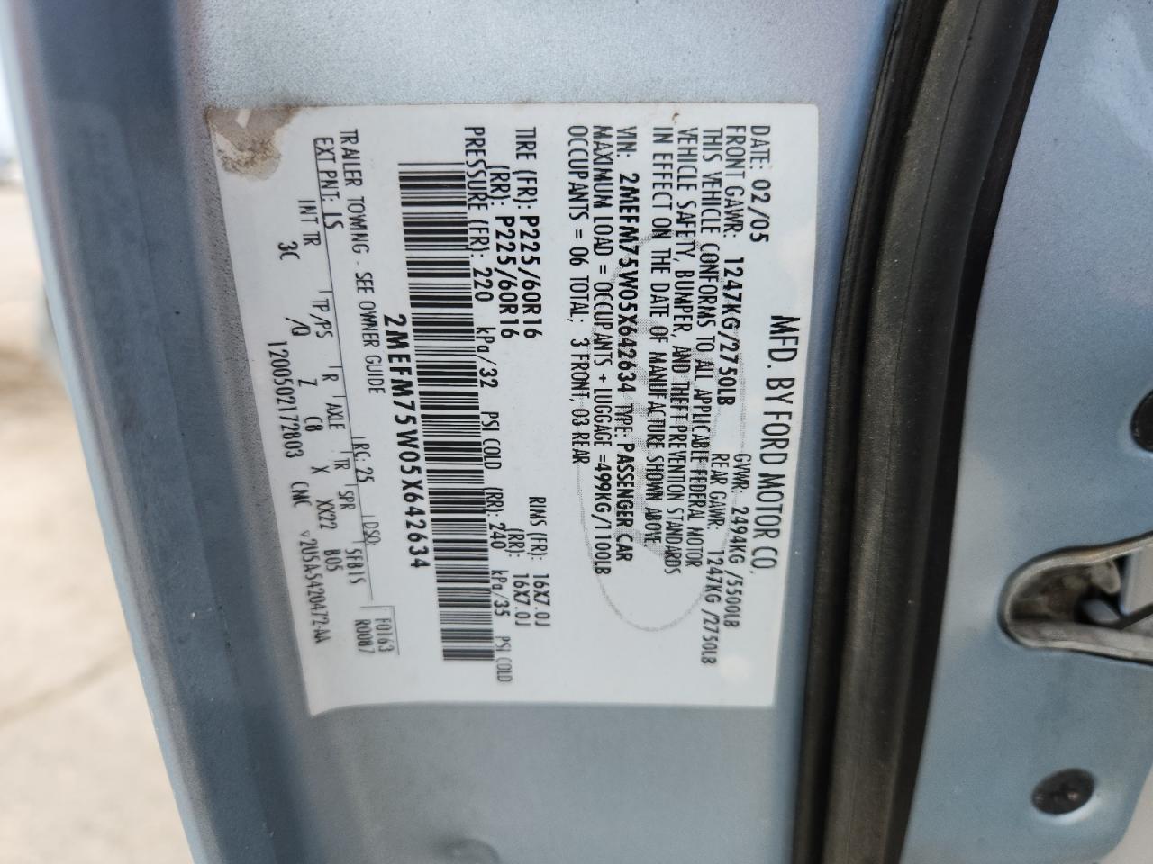 2005 Mercury Grand Marquis Ls VIN: 2MEFM75W05X642634 Lot: 63508005