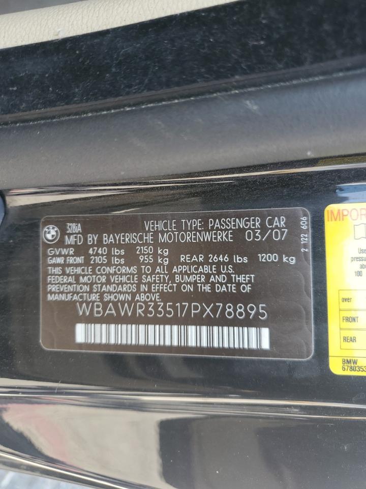 2007 BMW 328 I Sulev VIN: WBAWR33517PX78895 Lot: 63235225