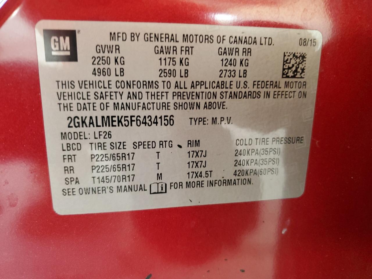 2gkalmek5f6434156 2GKALMEK5F6434156 2015 GMC Terrain Sle