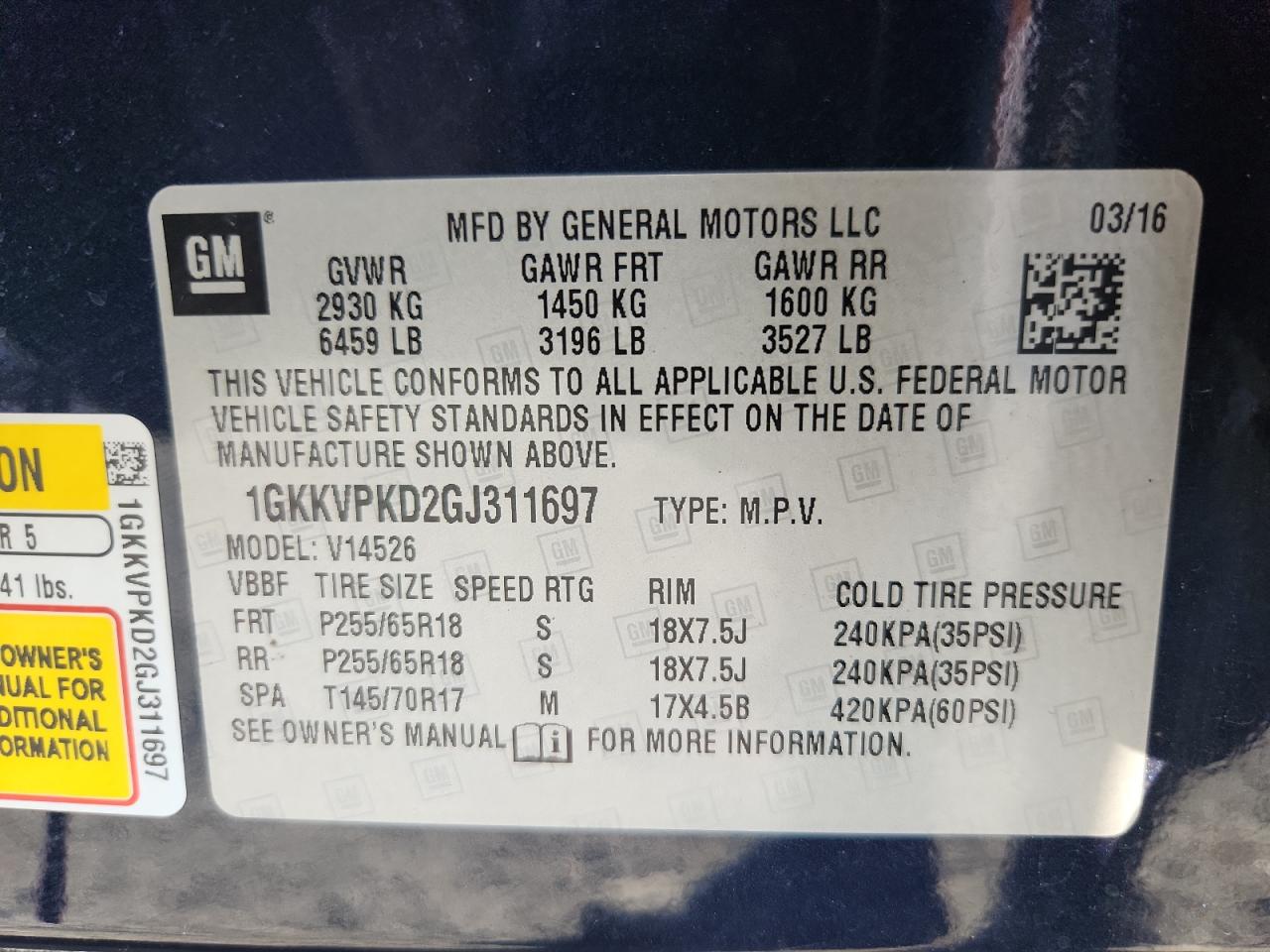 1gkkvpkd2gj311697 1GKKVPKD2GJ311697 2016 GMC Acadia Sle