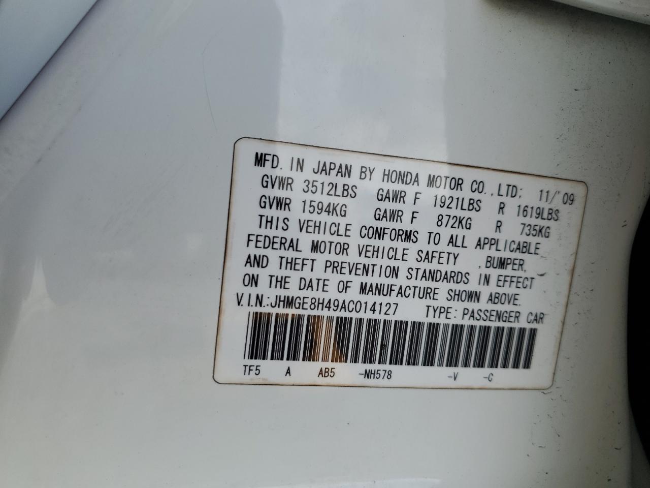 2010 Honda Fit Sport VIN: JHMGE8H49AC014127 Lot: 62681905