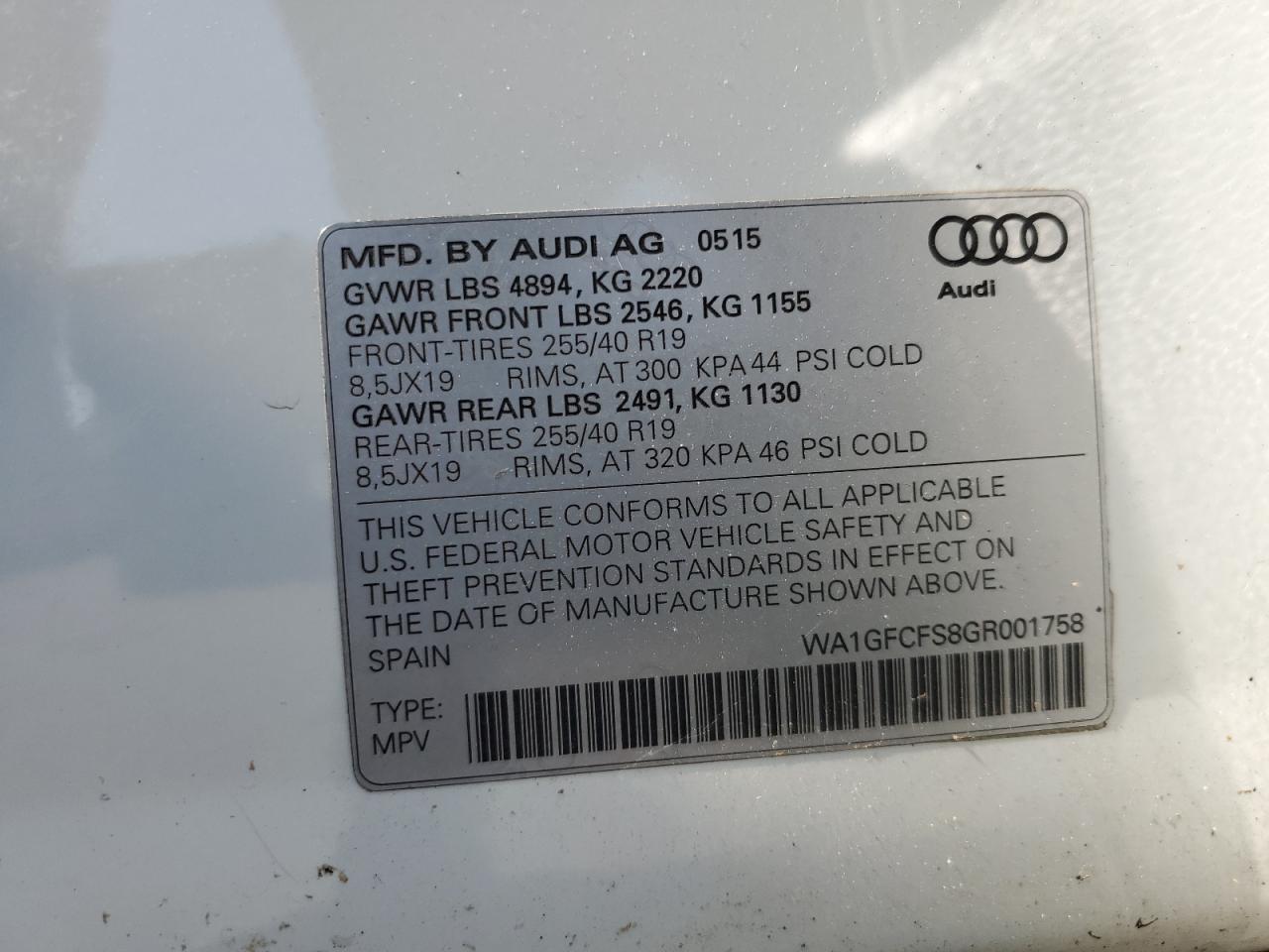 2016 Audi Q3 Prestige VIN: WA1GFCFS8GR001758 Lot: 62721575