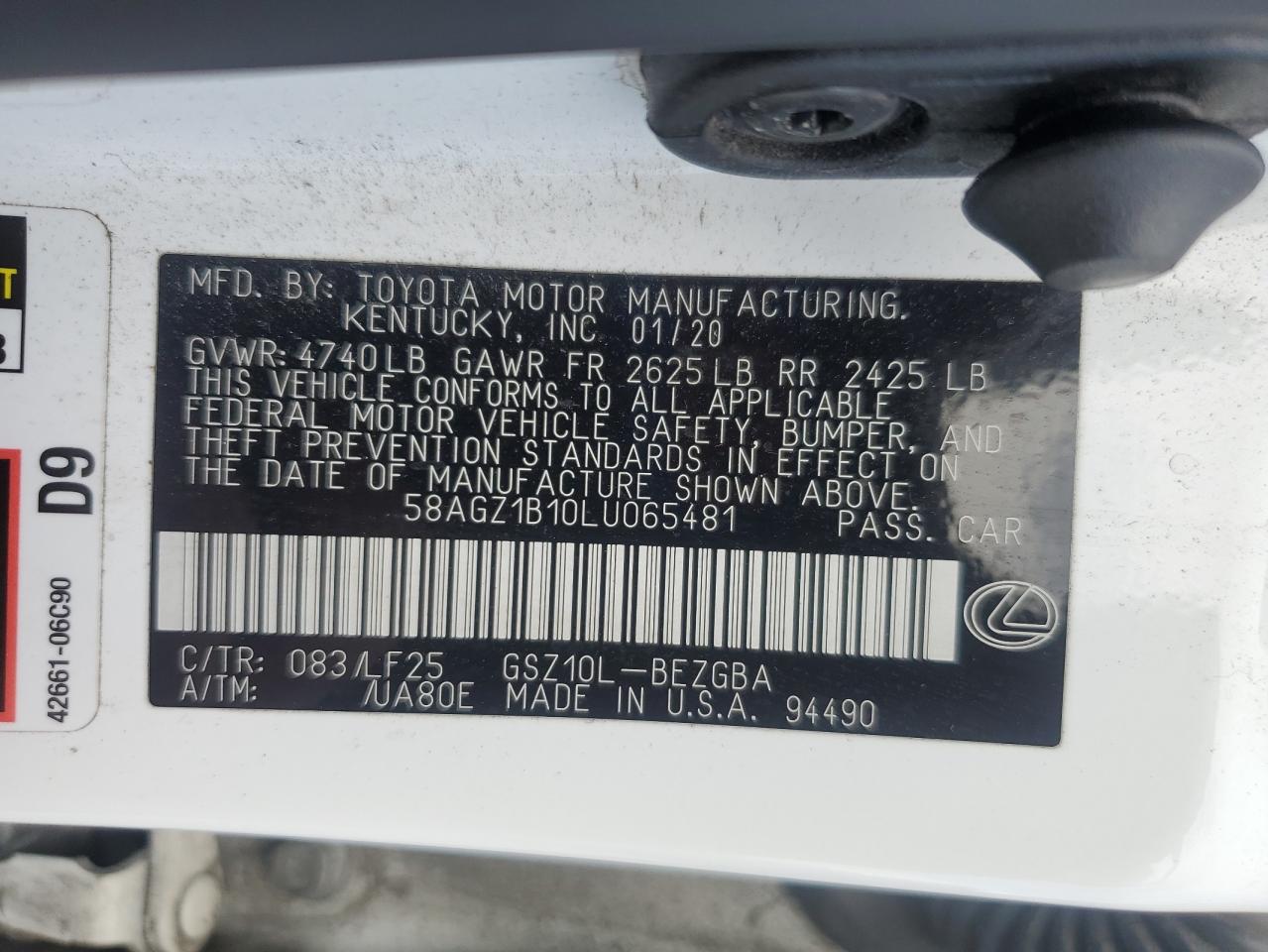 58agz1b10lu065481 58AGZ1B10LU065481 2020 Lexus Es 350 F Sport