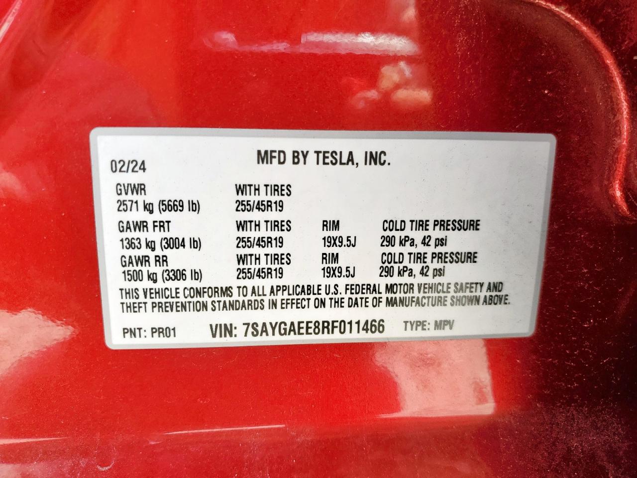 2024 Tesla Model Y VIN: 7SAYGAEE8RF011466 Lot: 63335145