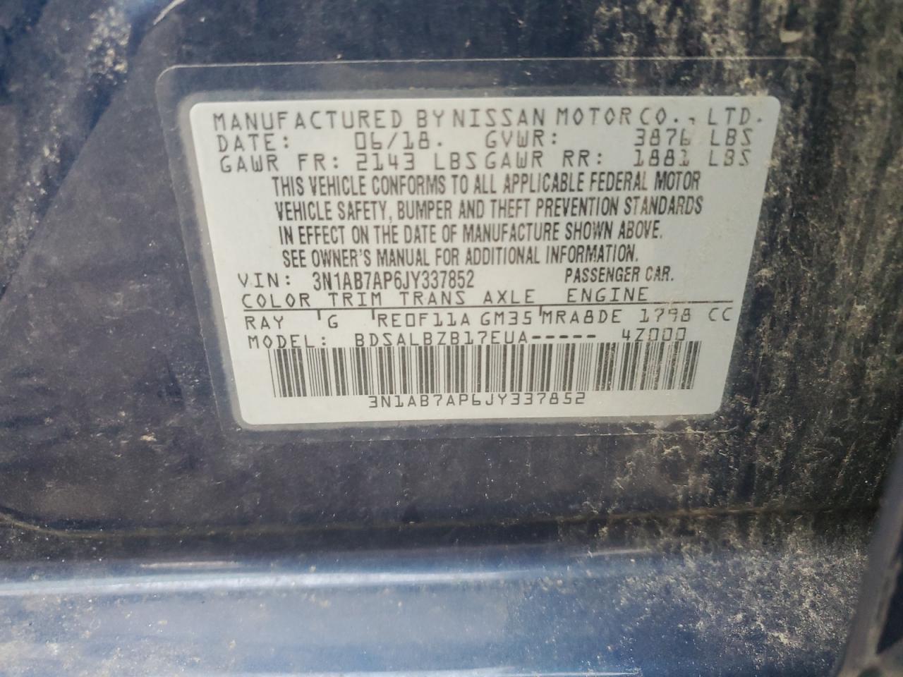 2018 Nissan Sentra S VIN: 3N1AB7AP6JY337852 Lot: 65305285