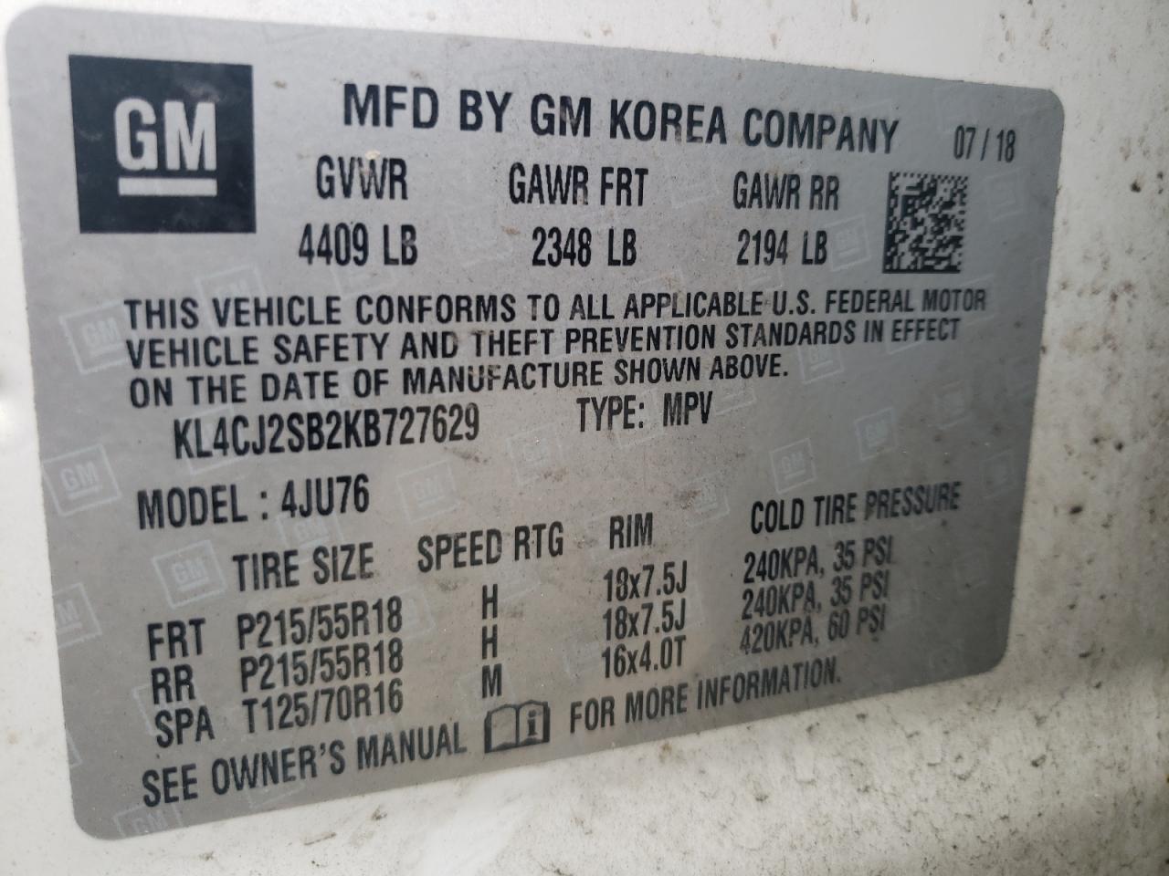 2019 Buick Encore Sport Touring VIN: KL4CJ2SB2KB727629 Lot: 62888125
