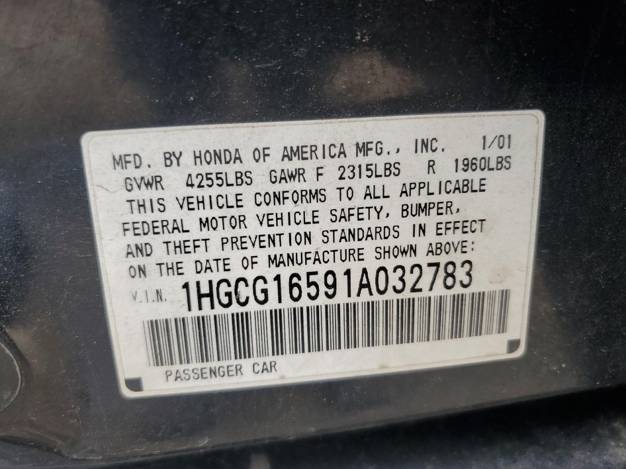 2001 Honda Accord Ex VIN: 1HGCG16591A032783 Lot: 64681775