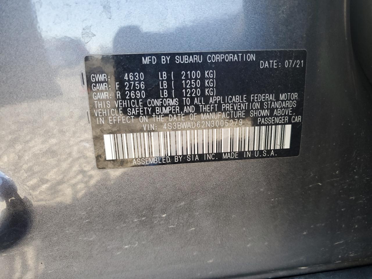 2022 Subaru Legacy Premium VIN: 4S3BWAD62N3005279 Lot: 63005345
