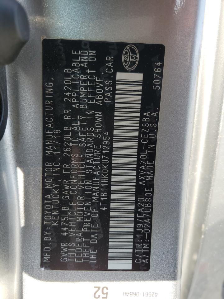 2019 Toyota Camry L VIN: 4T1B11HK0KU712954 Lot: 65177115