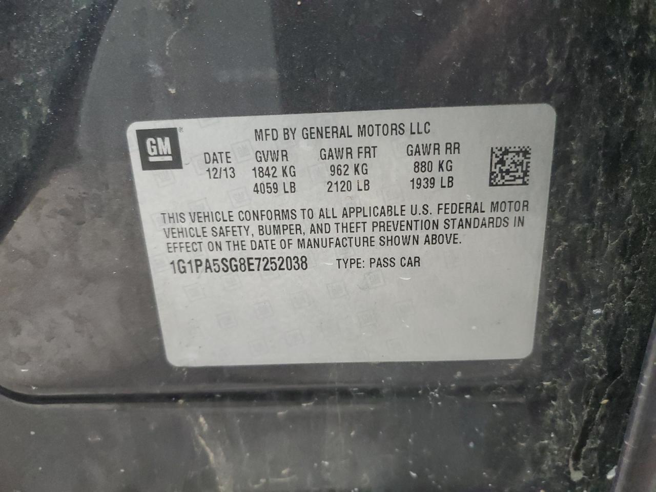 2014 Chevrolet Cruze Ls VIN: 1G1PA5SG8E7252038 Lot: 64988775