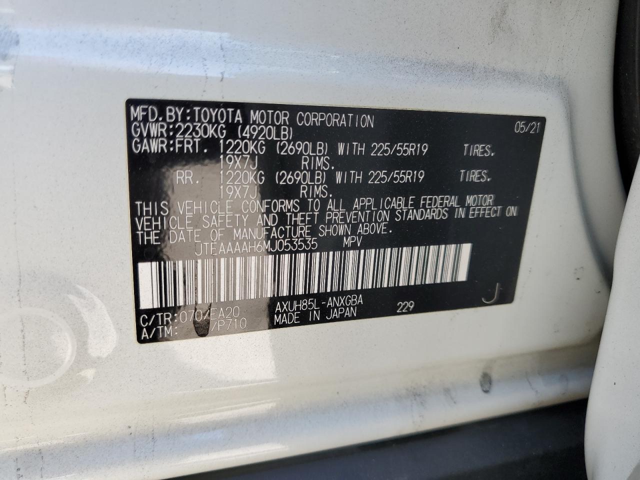 2021 Toyota Venza Le VIN: JTEAAAAH6MJ053535 Lot: 63860475