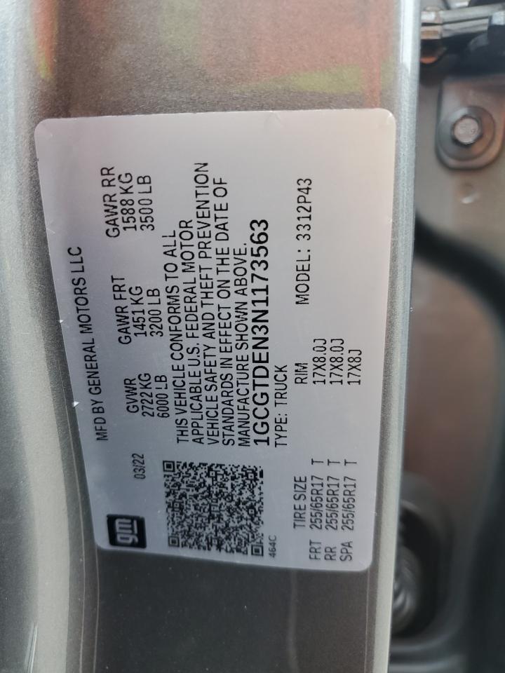 2022 Chevrolet Colorado Z71 VIN: 1GCGTDEN3N1173563 Lot: 64365005