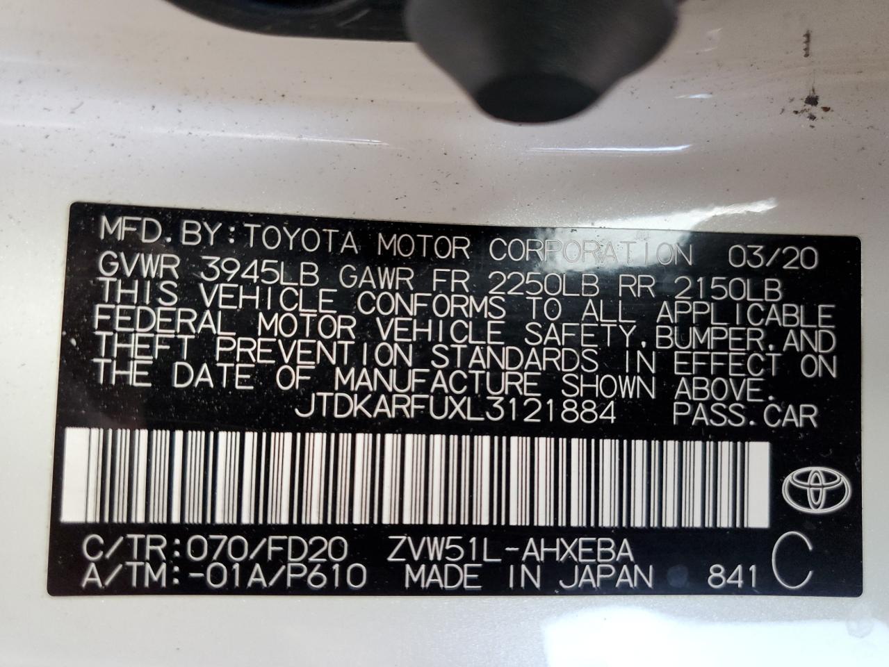 2020 Toyota Prius L VIN: JTDKARFUXL3121884 Lot: 65142145