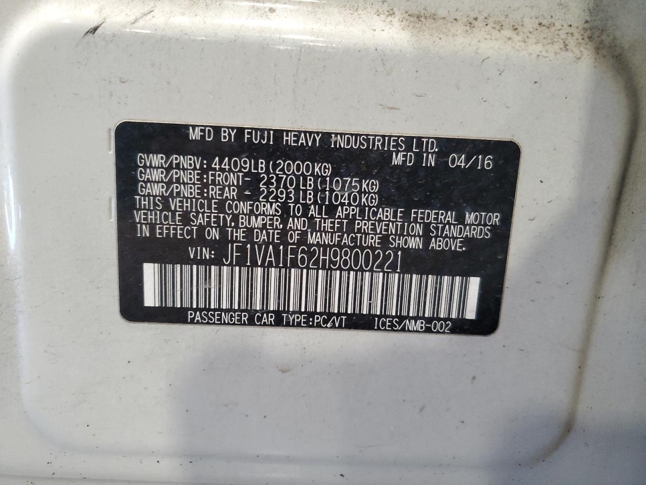 2017 Subaru Wrx Premium VIN: JF1VA1F62H9800221 Lot: 64200035