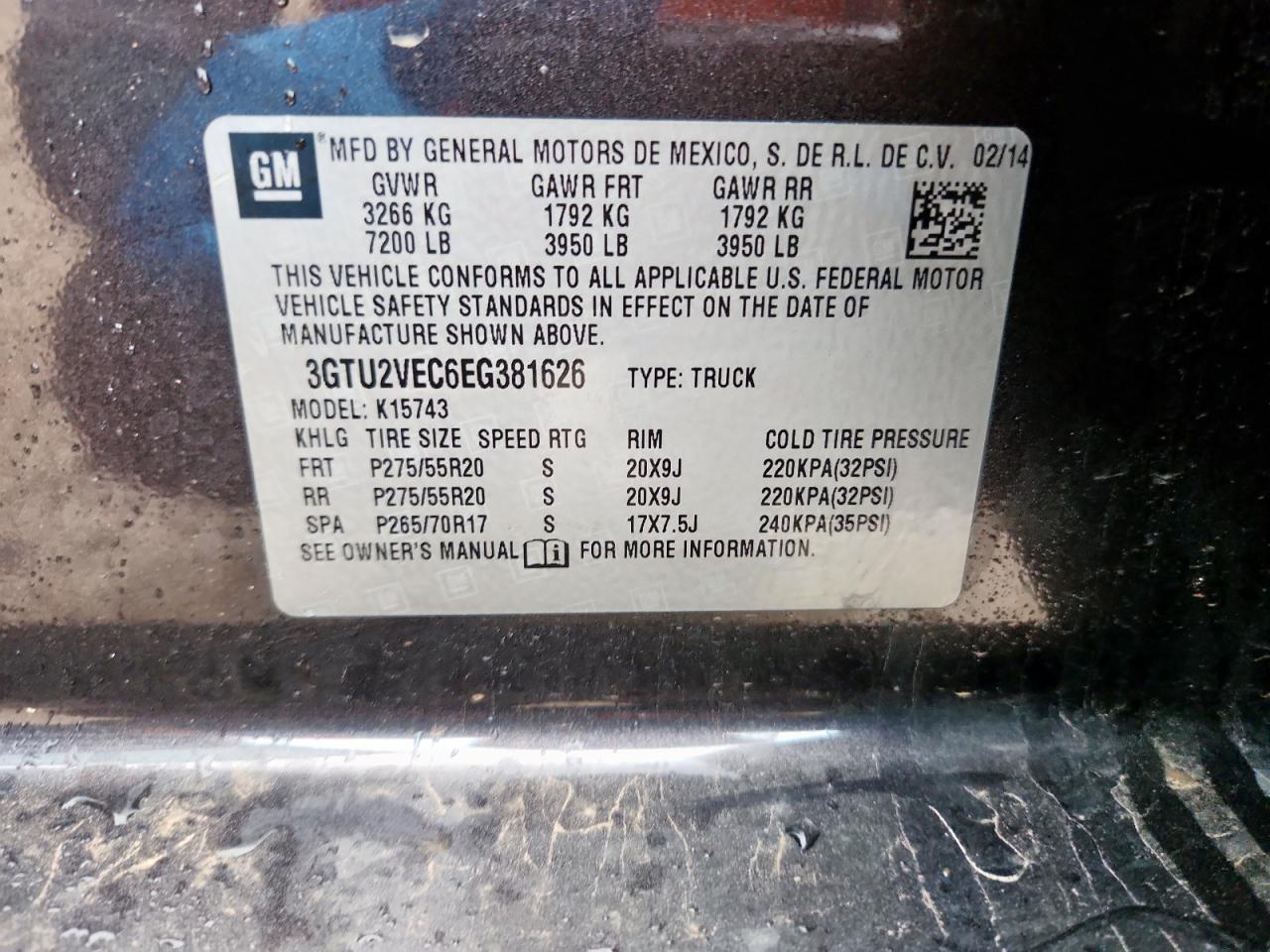 2014 GMC Sierra K1500 Slt VIN: 3GTU2VEC6EG381626 Lot: 63623535