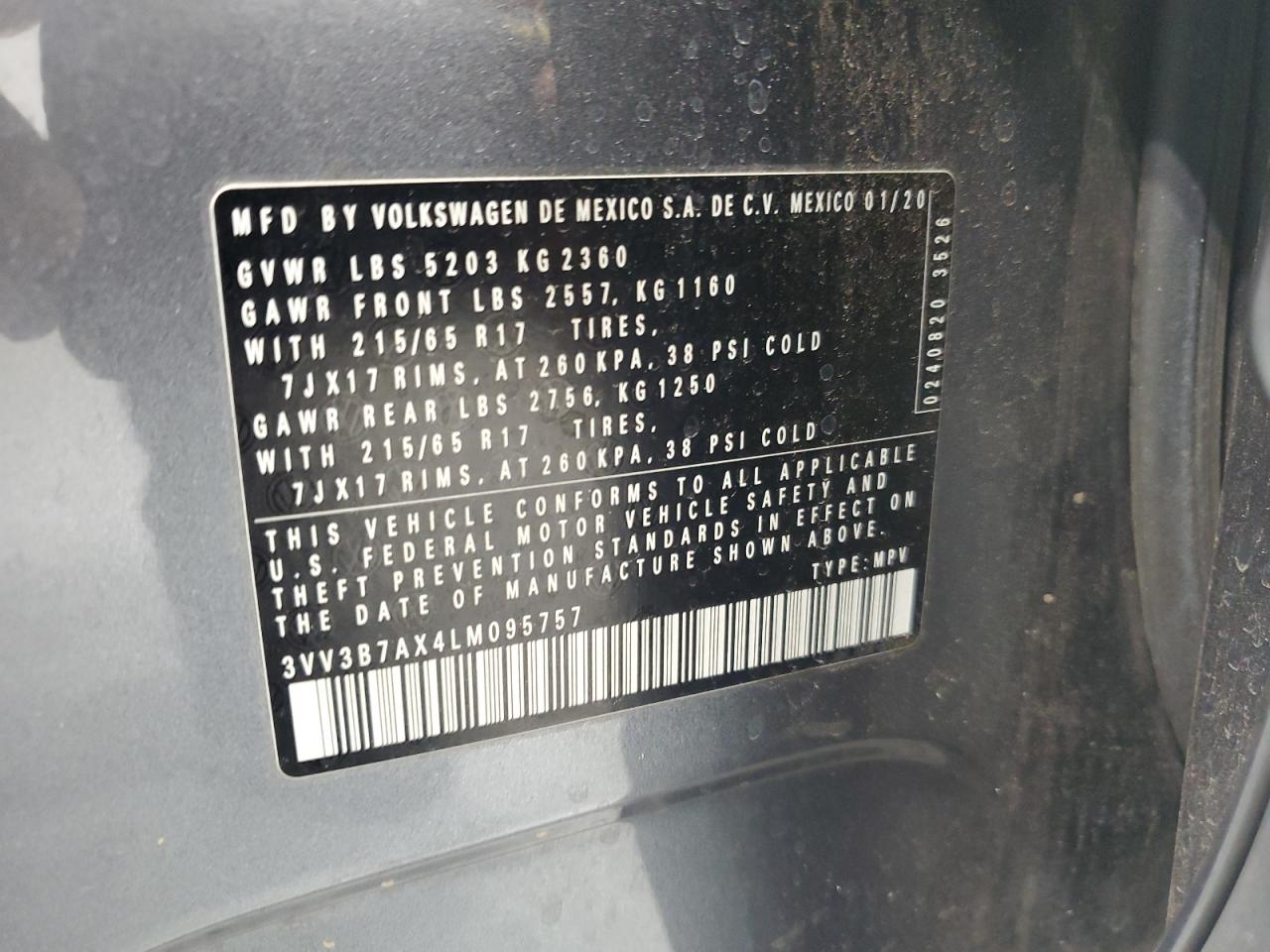 2020 Volkswagen Tiguan Se VIN: 3VV3B7AX4LM095757 Lot: 64487815