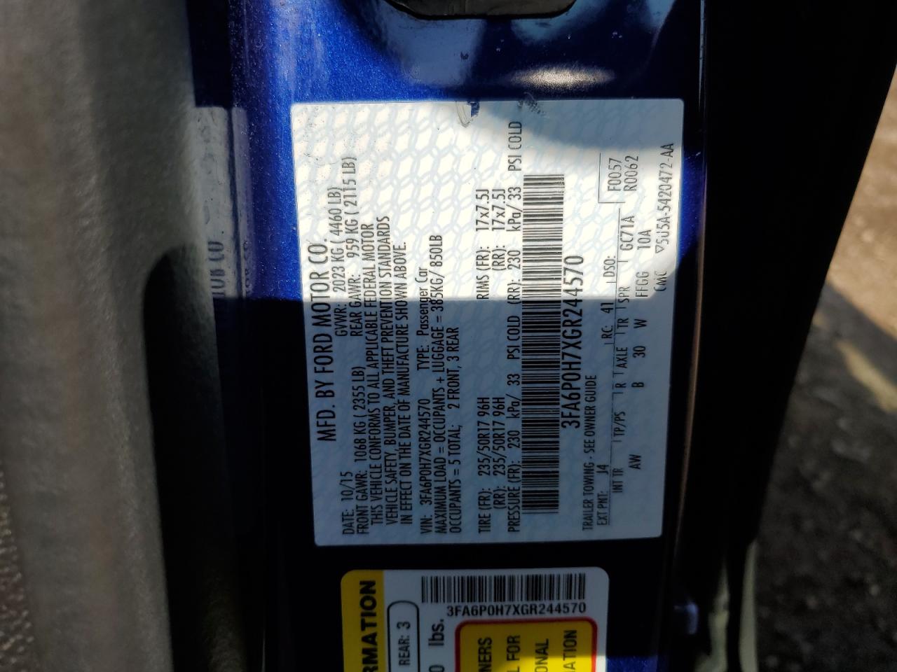 2016 Ford Fusion Se VIN: 3FA6P0H7XGR244570 Lot: 61436295