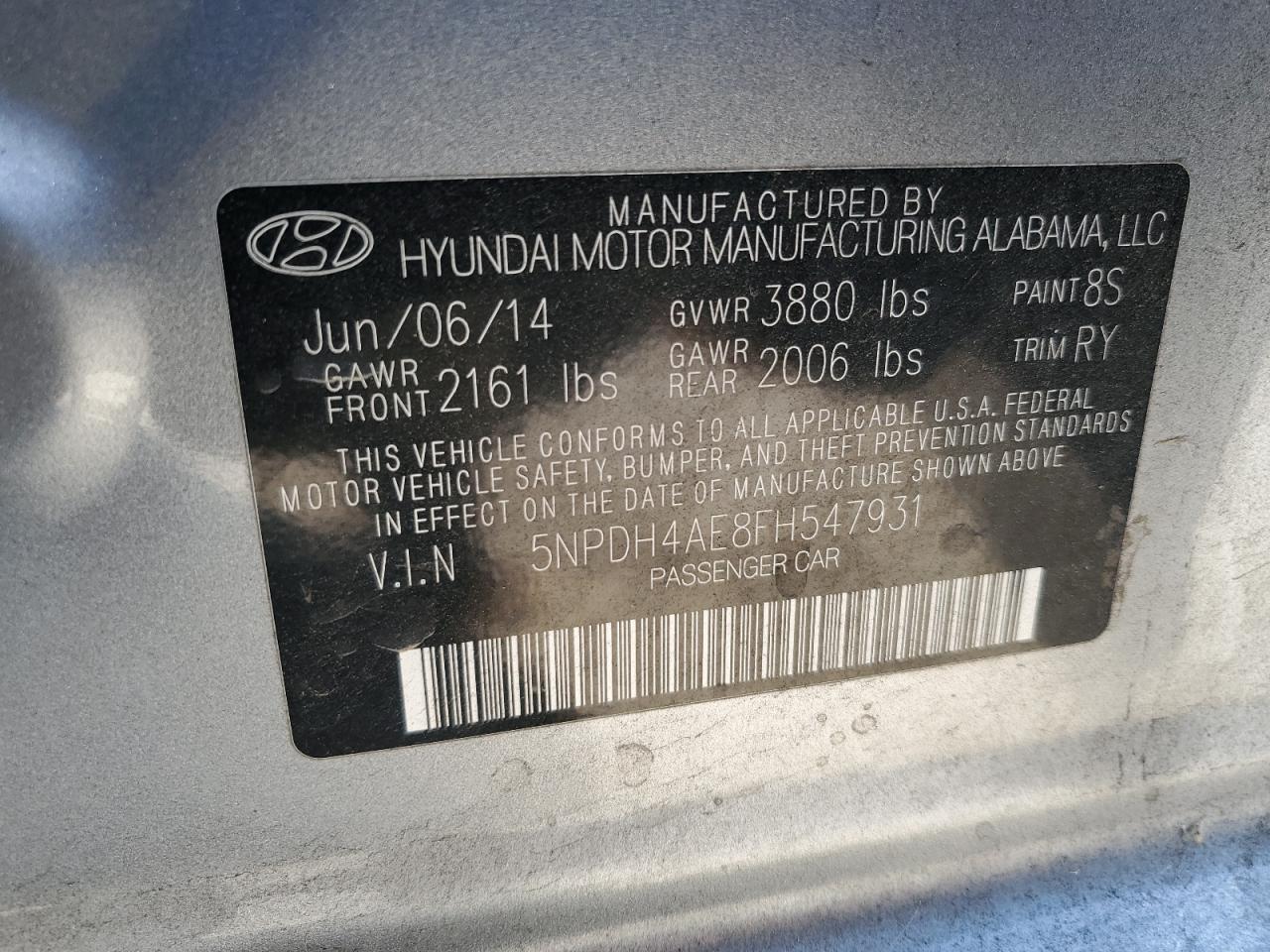 2015 Hyundai Elantra Se VIN: 5NPDH4AE8FH547931 Lot: 64868335