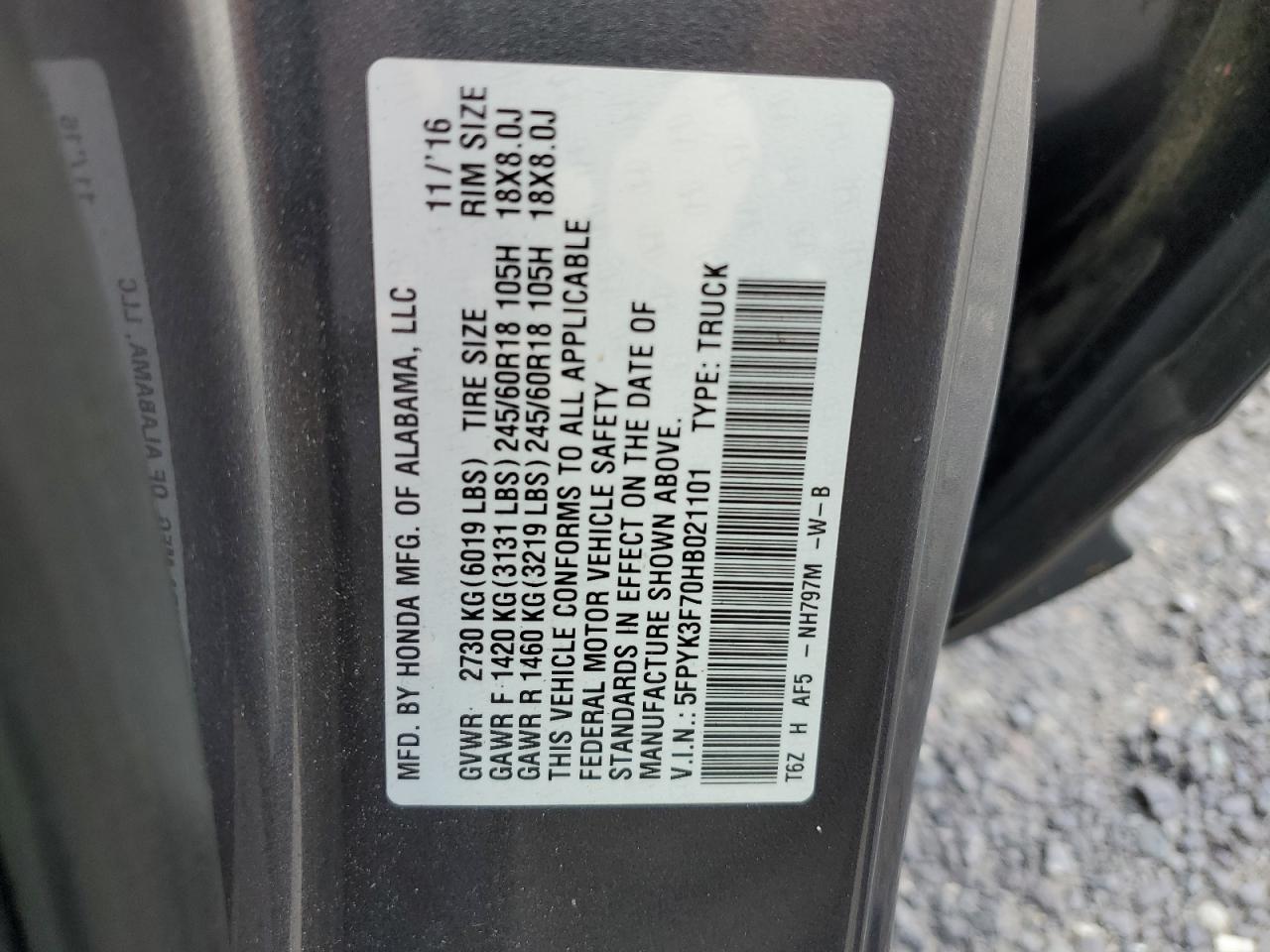 2017 Honda Ridgeline Rtl VIN: 5FPYK3F70HB021101 Lot: 64191355