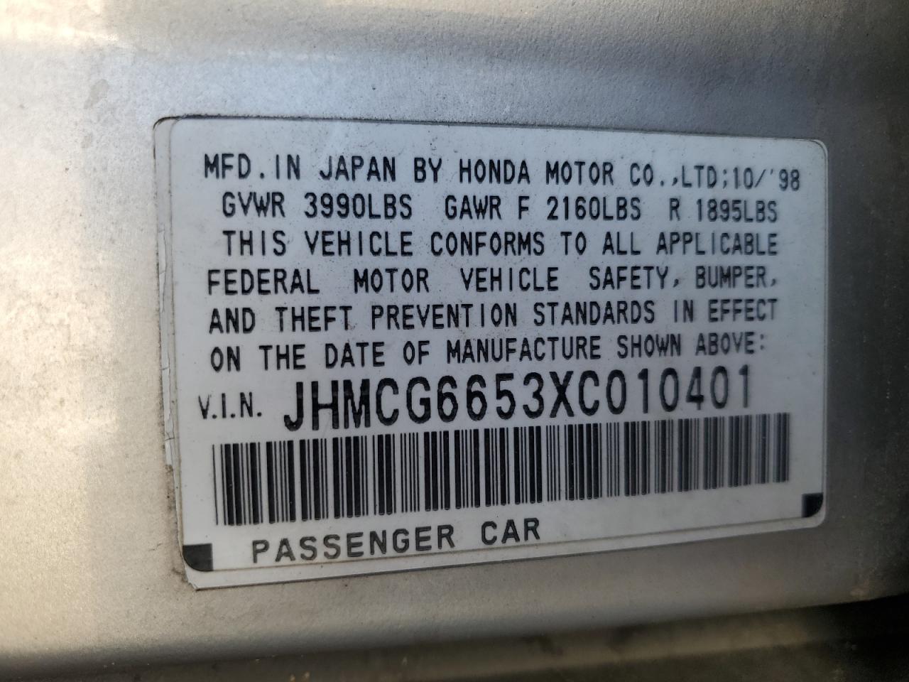 1999 Honda Accord Lx VIN: JHMCG6653XC010401 Lot: 64072745