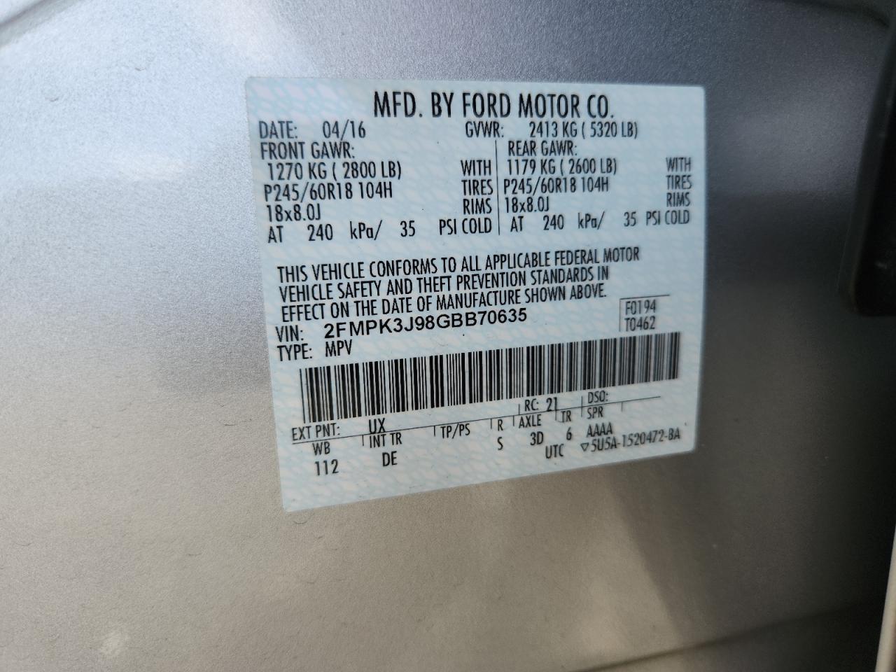 2016 Ford Edge Sel VIN: 2FMPK3J98GBB70635 Lot: 63529325