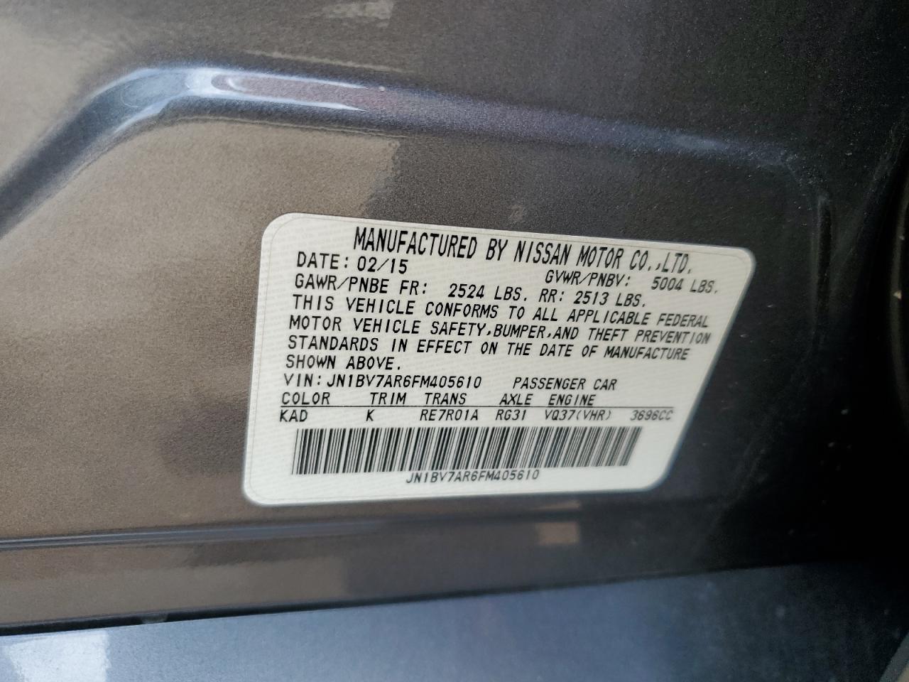 2015 Infiniti Q50 Base VIN: JN1BV7AR6FM405610 Lot: 62572875