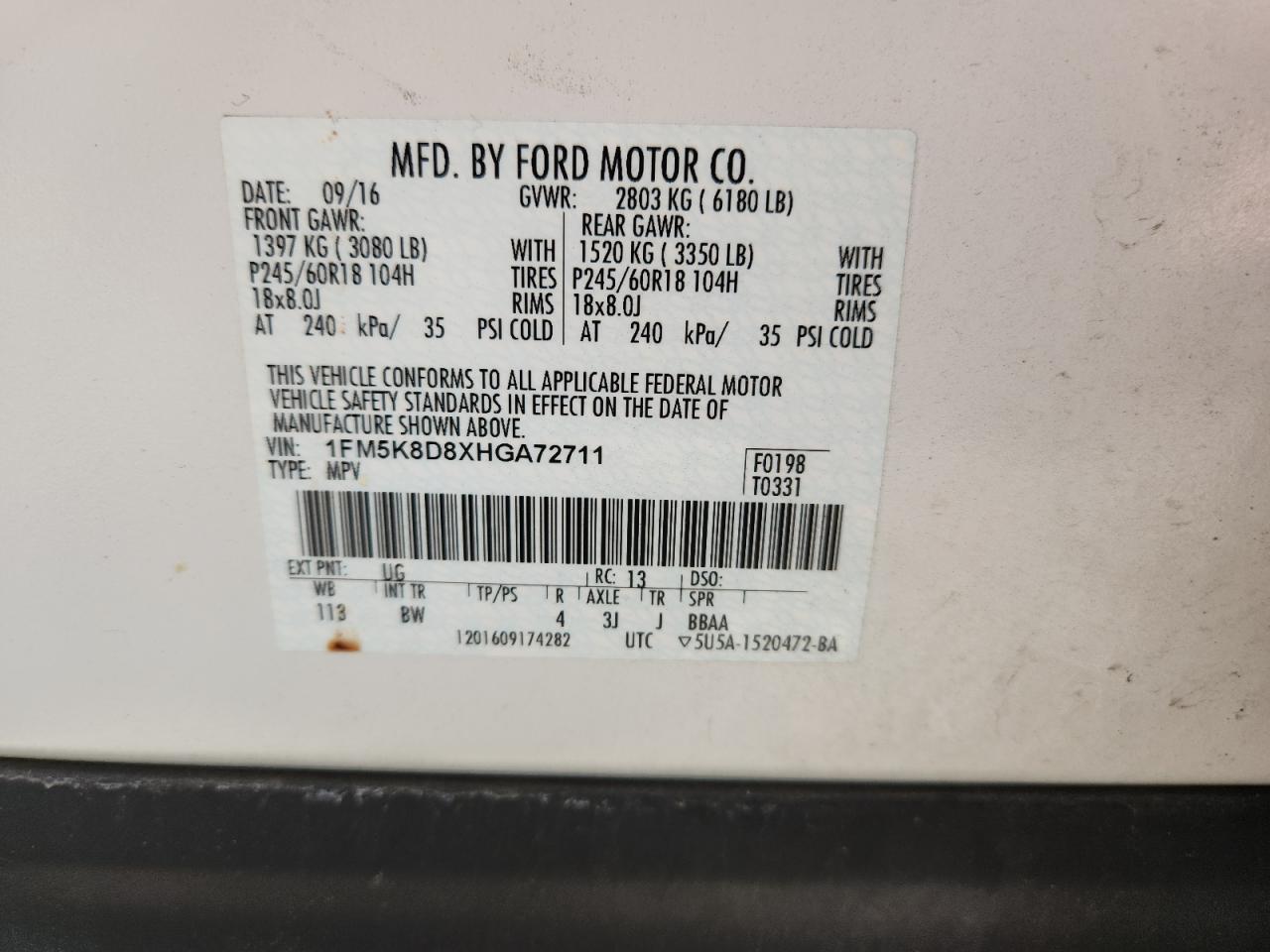 2017 Ford Explorer Xlt VIN: 1FM5K8D8XHGA72711 Lot: 63200635