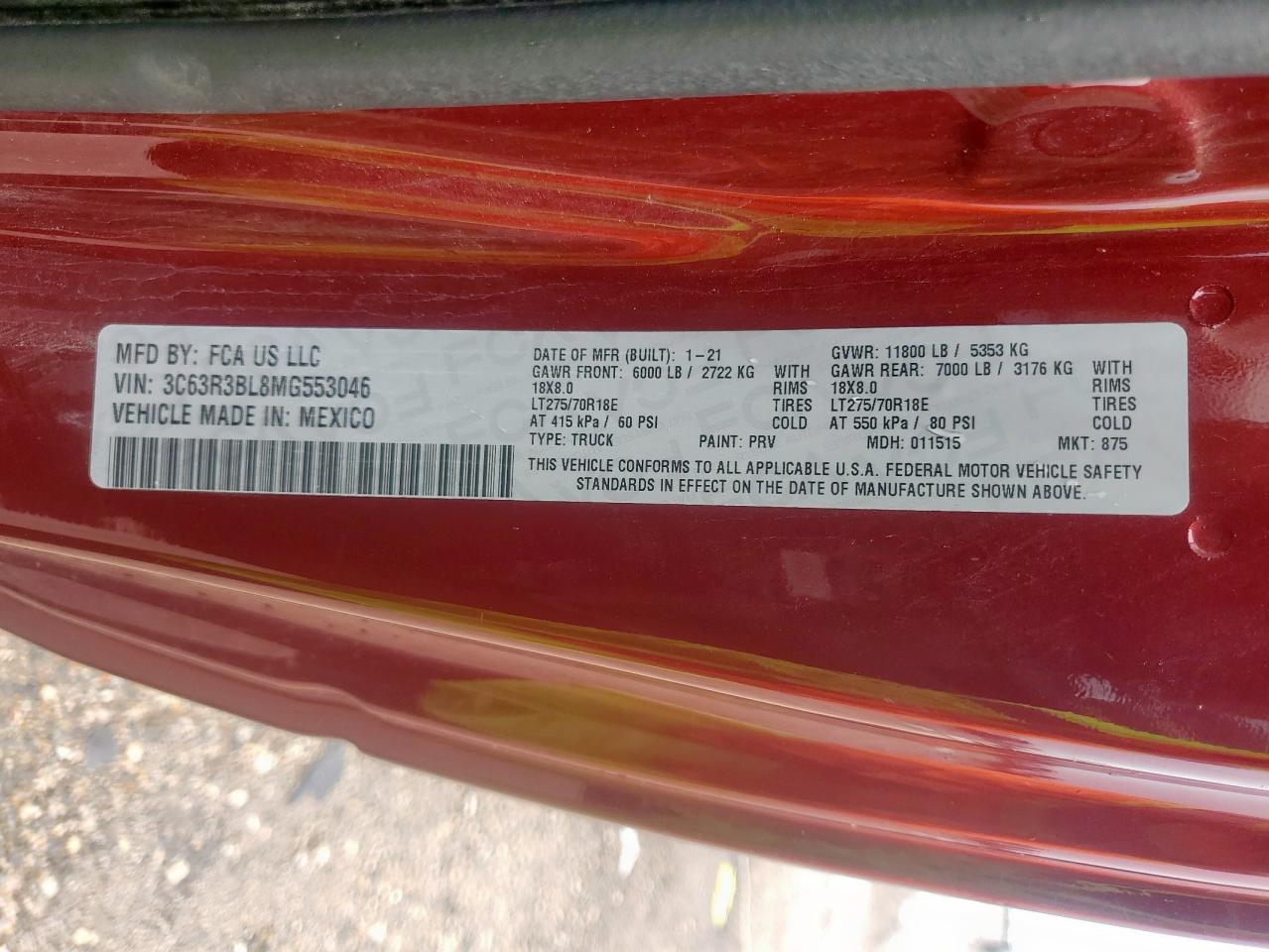 2021 Ram 3500 Big Horn VIN: 3C63R3BL8MG553046 Lot: 64080895