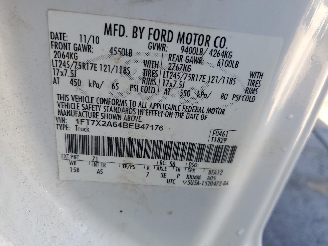 2011 Ford F250 Super Duty VIN: 1FT7X2A64BEB47176 Lot: 64573275